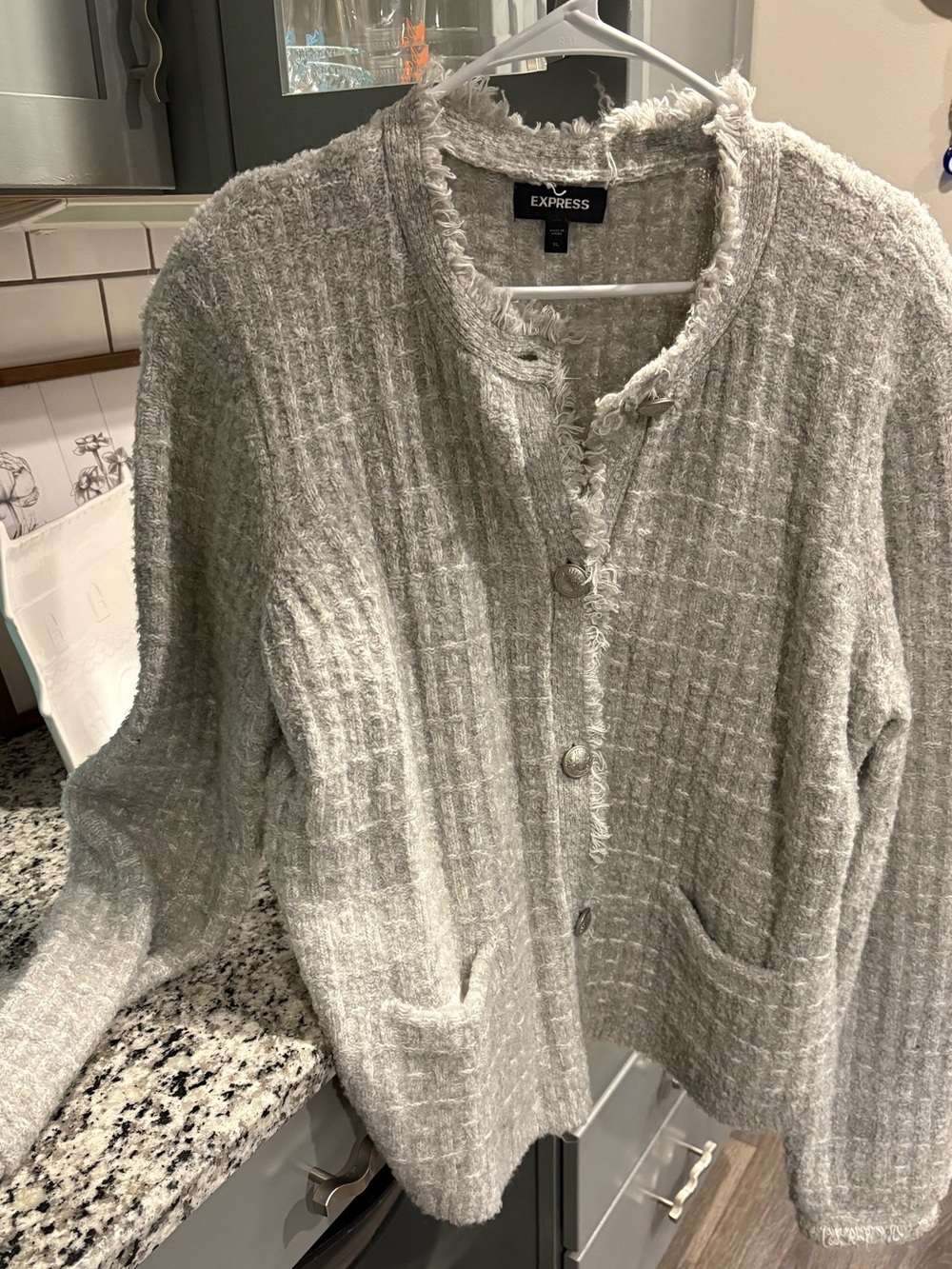 Express Women's Gray Fringe Bouclé Cardigan Sweater Jacket
